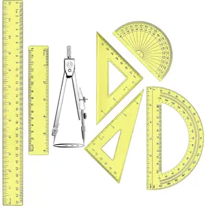 1 Set Plastic Geometry Math Set Includes Drawing Compass, 6 Inch 4 Inch Protractor, 45/60 Degree Triangle Rulers 12 Inch 6 Inch Math Ruler Transparent for Office Supplies(Yellow)