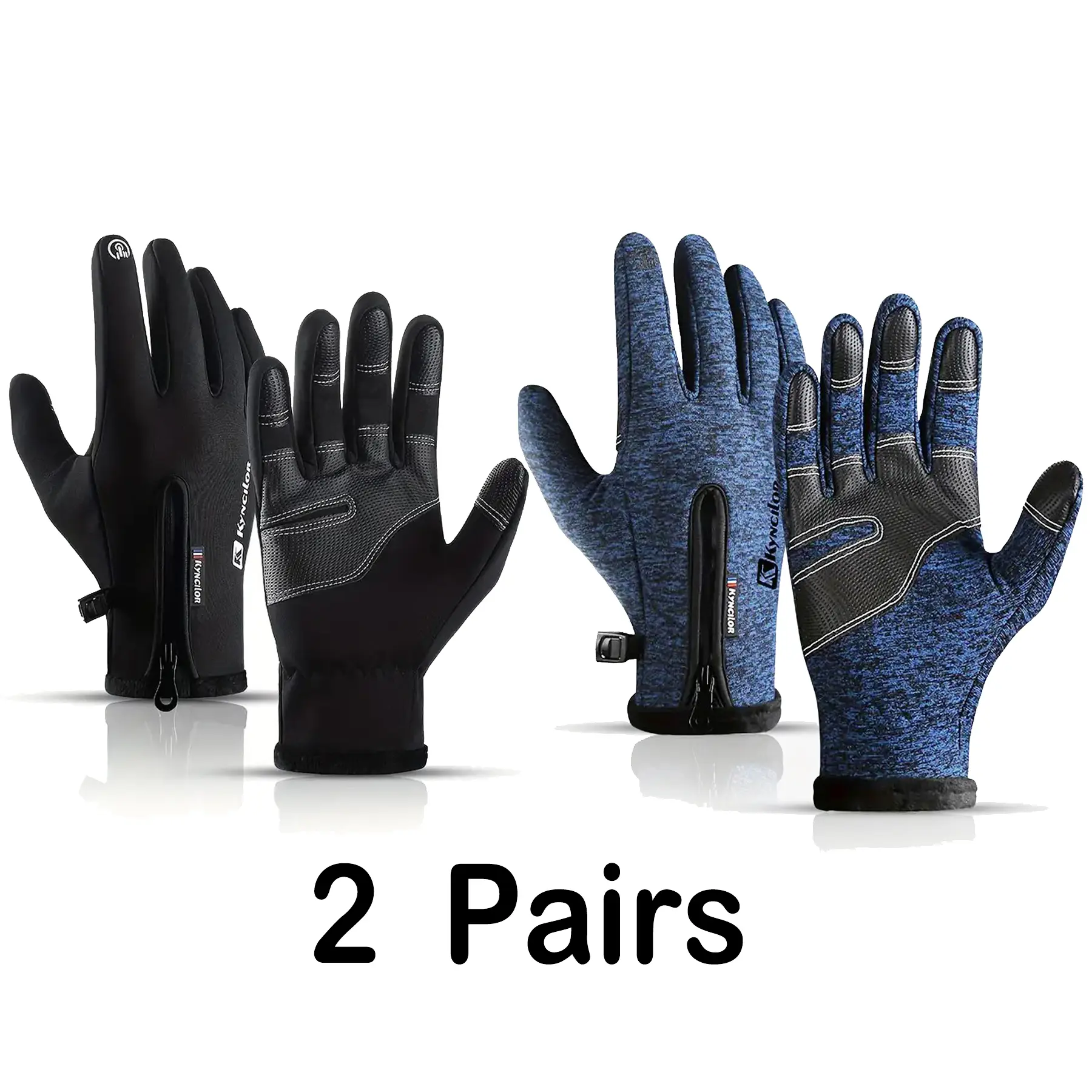 2 Pairs Fleece‑Lined Hand Gloves for Men Women, Water‑Repellent Gloves with Non‑Slip PU Palm, Side Zipper & Adjustable Wrist Cuff, Phone‑Friendly Handwear for Driving Commuting Travel in Cold Weather