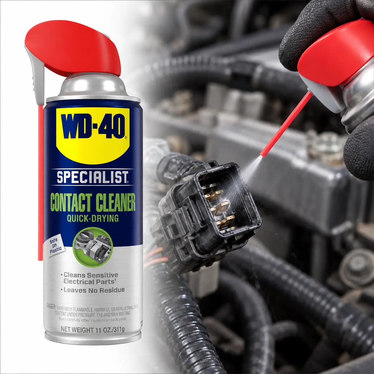 WD-40 Specialist Quick-Drying Contact Cleaner 11 oz,no residue,Smart Straw,2-way spray,oil,dirt,flux residue,condensation,circuit boards,electric panels,controls,switches,battery terminals,generators,motors,precision instruments,most plastics,rubber,metal