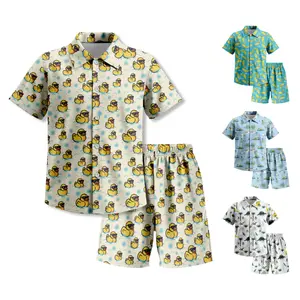 Boy's Button Down Hawaiian Shirt Short Sleeve Kids Summer Beach Hawaiian Shirts And Short Set for Boys for 3-14 Years