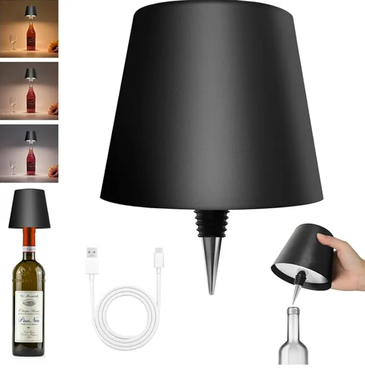 Wireless LED Whiskey Bottle Lamp with Cap Design, Top Touch Control Metal Ambient Lighting Multifunctional, 3-Color Change, USB Rechargeable Novelty Decor for Bars, Weddings