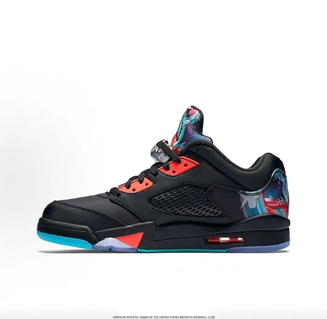 Low‑Top Retro Basketball Sneakers, Black Smooth Upper, Red Lace Eyelets, Colorful Printed Tongue And Heel Panel, Black Mesh Side Insert, Multi‑Color Geometric Midsole, Cyan‑Blue Translucent Outsole, Visible Air Cushion, Street Sport Shoes for Men Women