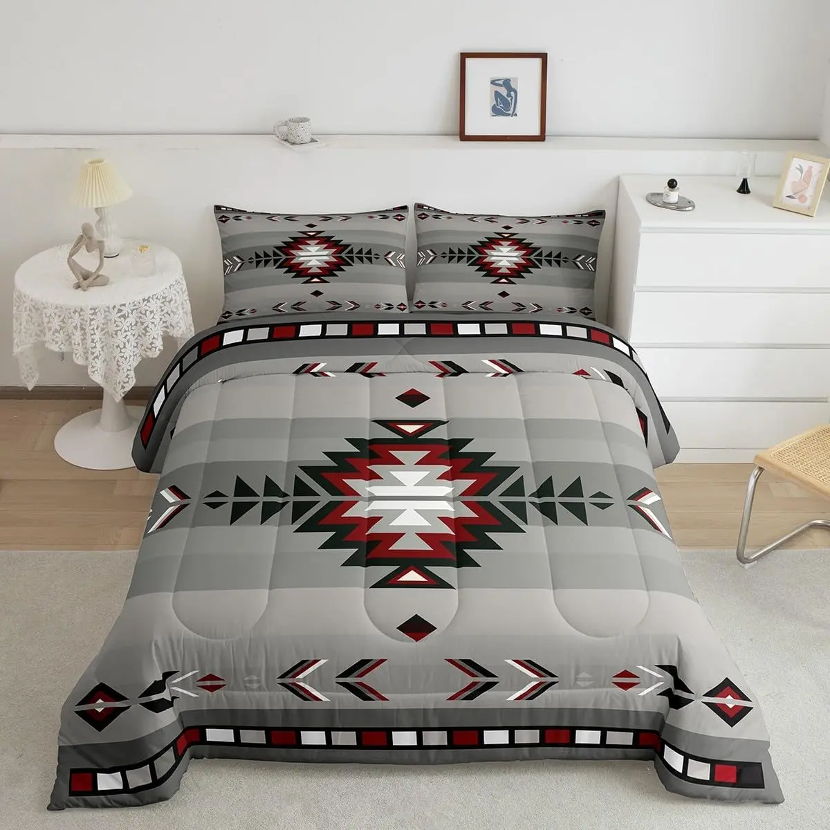 Luxury Southwest Native Art 2-Piece Bedroom Bedding Set - Soft Microfiber, Breathable Tribal Vintage Grey Flat Weave Duvet, Southwestern Geometric Shapes, Queen & Single Sizes, Machine Washable, Modern Bedroom, All Seasons