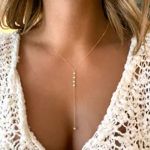 Greenish Spring Jewelry Lariat Necklace for Women, Dainty Long Y-Shaped Pendant Trendy Layered Cz Beaded Chain Drop Necklaces Simple Gold Jewelry For Women Gift