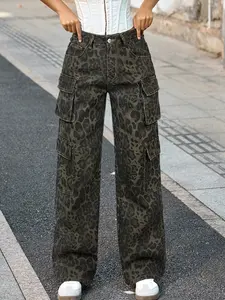 Apperloth Studio Women's Leopard Print Cargo Jeans - High Waisted Wide Leg Denim Pants with Multiple Pockets Street Style Y2K
