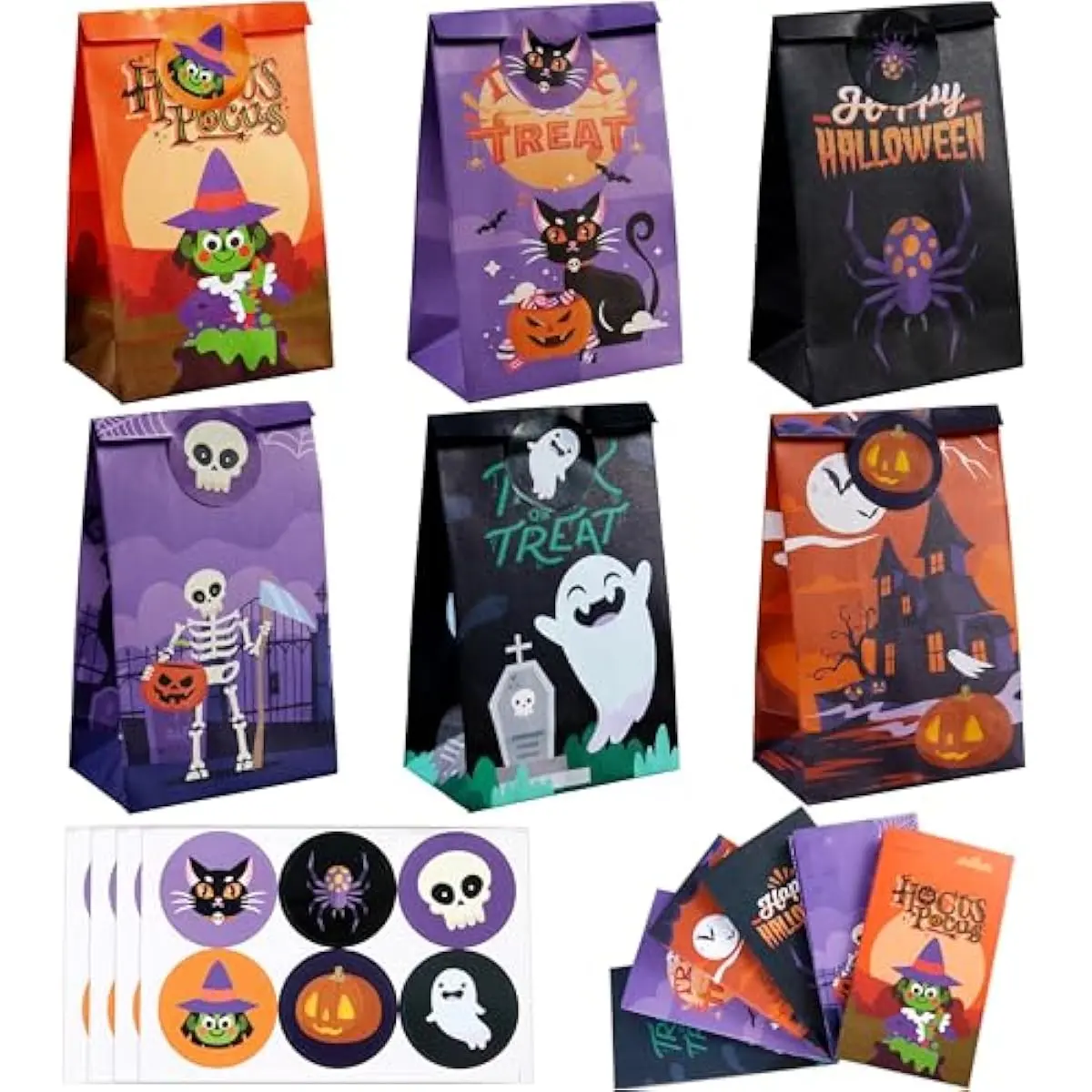 JOYIN 24 PCS Halloween Treat Bags with Stickers, Candy and Goodie Bags for Halloween Party Favors Supplies, Trick or Treat Bag for Kids, Students Classroom Exchange Game Prize