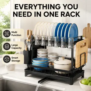 2026 New Model Double-Layer Kitchen Countertop Dish Rack – Carbon Steel Metal Dish Drying Rack with Drain Board, Large Capacity Tableware Holder, Space Saving Kitchen Storage Rack for Counter Organization, Home Kitchen Organization Essential Utensil Rack