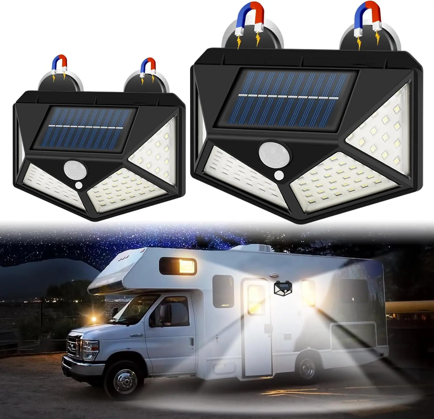 RV Magnetic Solar Lights Outdoor, 100 LED Motion Sensor Lights with 3 Lighting Modes, IP68 Waterproof Solar Awning Lights for RV, Camper, Trailer, and Outdoor Camping