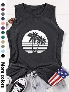 Fashionable Summer Beach Coconut Tree Print Round Neck Sleeveless Vest for Women, Comfortable Soft Fabric, Available in 12 Colors