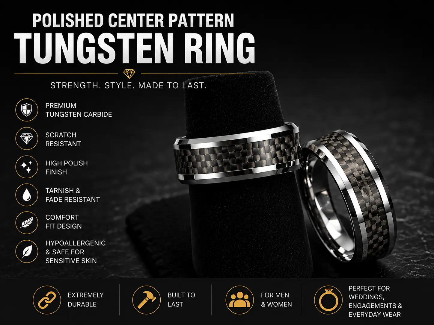 Polished Carbon Fiber Pattern Tungsten Ring | Scratch Resistant Comfort Fit Wedding Band for Men & Women