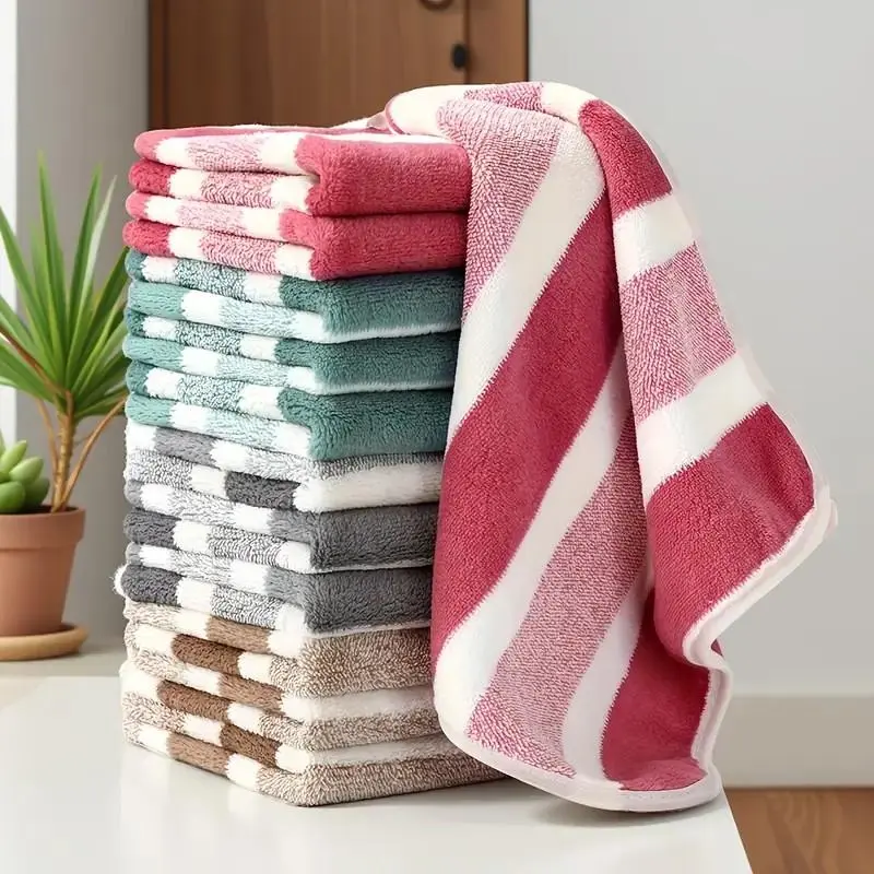 12pcs Coral Fleece Striped washcloth Set, Ultra Soft, High Absorbency, No Shedding, Bathroom Towels, Durable, Home Use, School, Beauty Salon, Super Absorbent Towel, Water Absorbent Towel