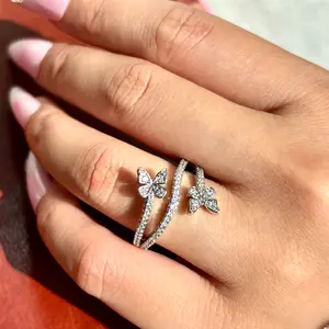 JJ CHIC Double Butterfly Wrap Ring, S925 Micro Pave High-End Design Ring - Personal Statement Jewelry or Gift for Girlfriend or Wife