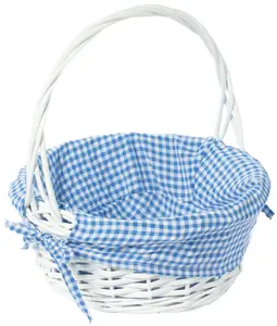Vintiquewise QI004550BL.S White Round Willow Gift Basket, with Blue and White Gingham Liner and Handles, Small