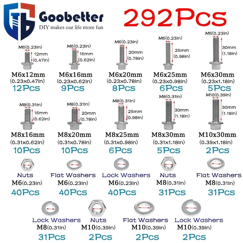 10.9 Grade Metric Alloy Steel Black Zinc-Plated Flange Hex Head Bolts & Nuts Set, 292-Pc Fastener Kit with Wide Sizes, Easy Installation, Secure Fastening, High Strength and Longevity, Excellent Protection Against Rust for Automotive Tools, Construction