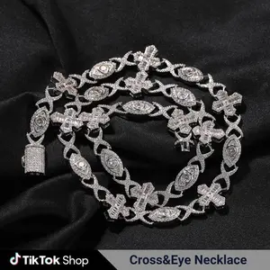 Eye and Cross Shaped Necklace Fully Paved with Iced Out Hip Hop Jewelry for Men Women Gift Daily Outfit Accessories