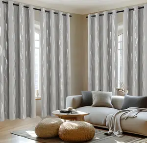 4 Panels Thickened Curtains with Luxury Style Wave Patterns in Gold or Silver Color, Grommet Top, Light Blocking & Heat Insulated Privacy Fabric Suitable for Living Room, Bedroom, Study Room, Dining Room, Office