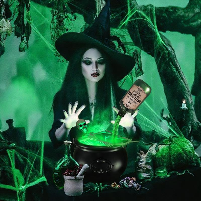 Halloween indoor decoration, magical cauldron floating potion bottle set with diffuser, black plastic witch bowl, fantasy-style party decoration, spooky vintage-style home kitchen dining table ornament, funny light