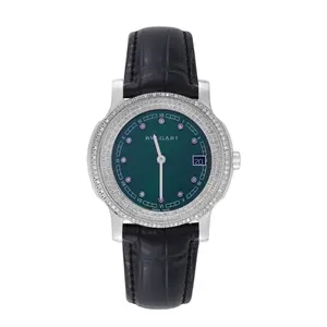 Bvlgari 29mm Stainless Steel Quartz Watch, Custom Green Dial & Custom Diamond Bezel, Leather Strap WHT021400