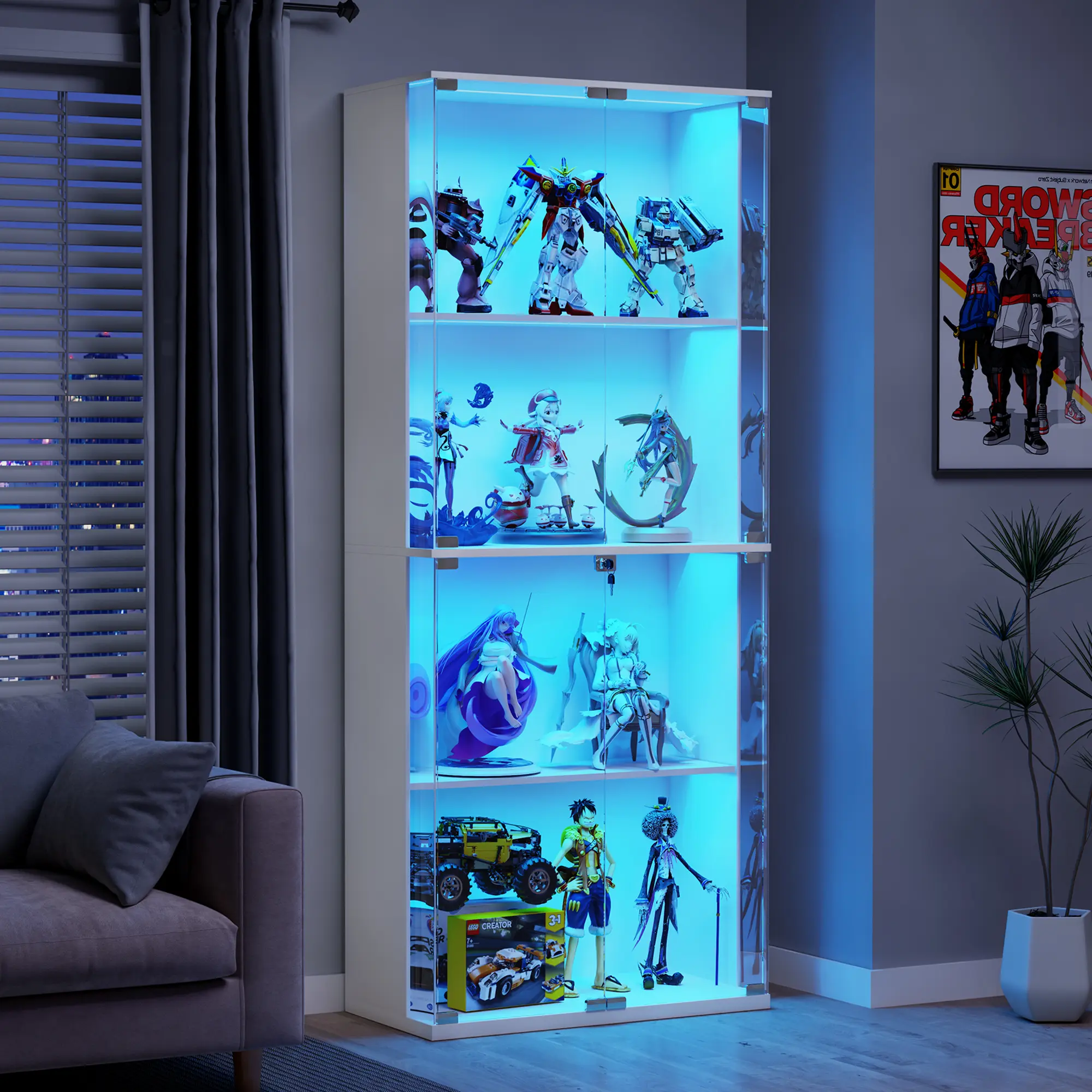 Vlsrka Display Cabinet with Glass Doors,66' Curio Cabinet with Adjustable Shelf and Lockable,4-Tier Bookcase with 3 Color Lights for Collectibles,Storage Cabinets with Human Body for Books,Toys