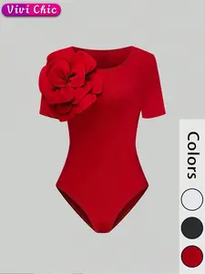 Women's Plain Floral Decor Round Neck Bodysuit, Basic Casual Short Sleeve Bodysuit for Summer, Ladies Clothes for Daily Wear, Womenswear