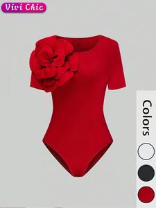 women's plain floral decor crewneck bodysuit, basic casual slim short sleeve round neck bodysuit for summer, ladies clothes for daily wear, womenswear