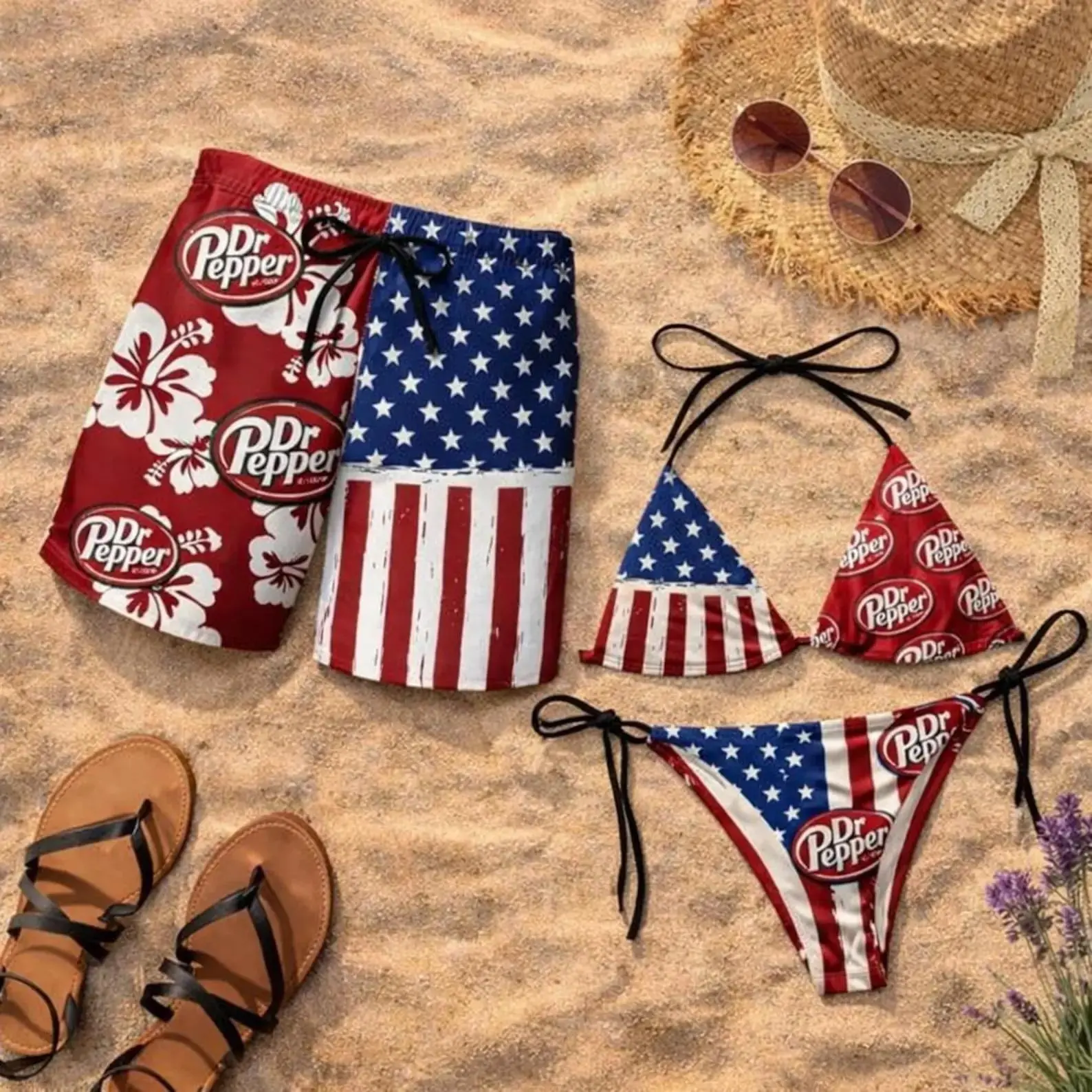 Dr Pepper x USA Flag Inspired Matching Couples Swimsuit Set – Patriotic String Bikini & Men's Swim Trunks, Red White Blue Summer Beachwear