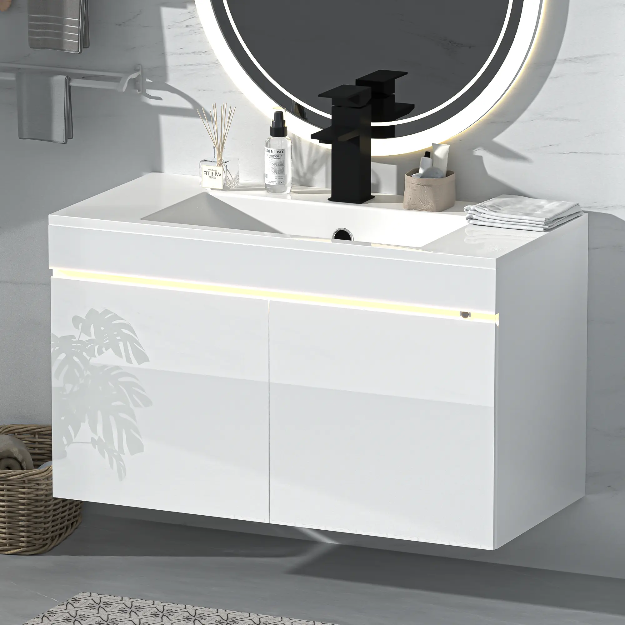 【2 Packages Shipping】AHB 30 inch Bathroom Vanity W/Sink Combo, High Gloss Bathroom Cabinet, Smart Wall Mounted Sink Cabinet Auto Motion Sensor LED Light, Modern Floating Vanity with Faucet Minimal Design summervibes