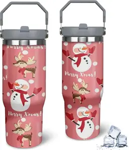 30oz Holiday Santa & Snowman Tumbler - Single Pack, Stainless Steel Insulated with Lid, Handle, Straw, Ideal for Hot and Cold Drinks, Car, Office, Home
