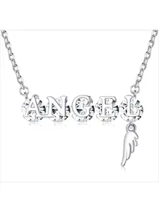 1 Pc Elegant Silvery ANGEL Letter Necklace with Sparkling Swarovski Crystal for Women Men Angel Wing Charm Trendy Meaningful Jewelry Piece Constructed with Durable Hypoallergenic Copper Lightweight Skin-friendly Ideal for Prolonged Daily Wear