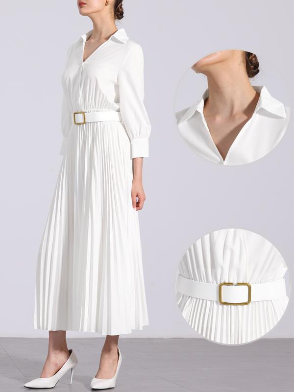 INSPIRE CHIC Collar V Neck Belted Pleated Maxi Dress White