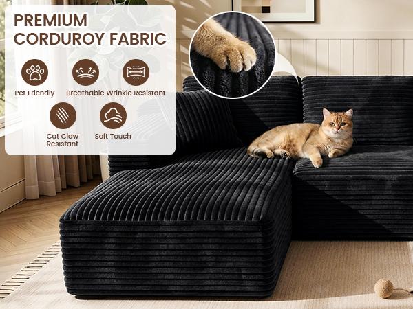 NordFun Couch 96"L-Shaped Sectional Boneless Couch with Pocket, Plush Corduroy Fabric Sofa with Deep-Seat, Modern Upholstered Couches for Living Room, No Assembly Required