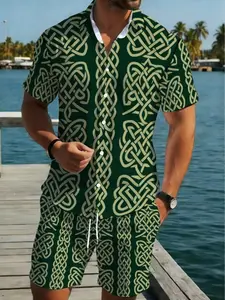 Men's Gold Geometric Pattern Romper, Summer Tropical Casual Fashion Beachwear, Short Pants, Slim-Fitting, Graphic Design