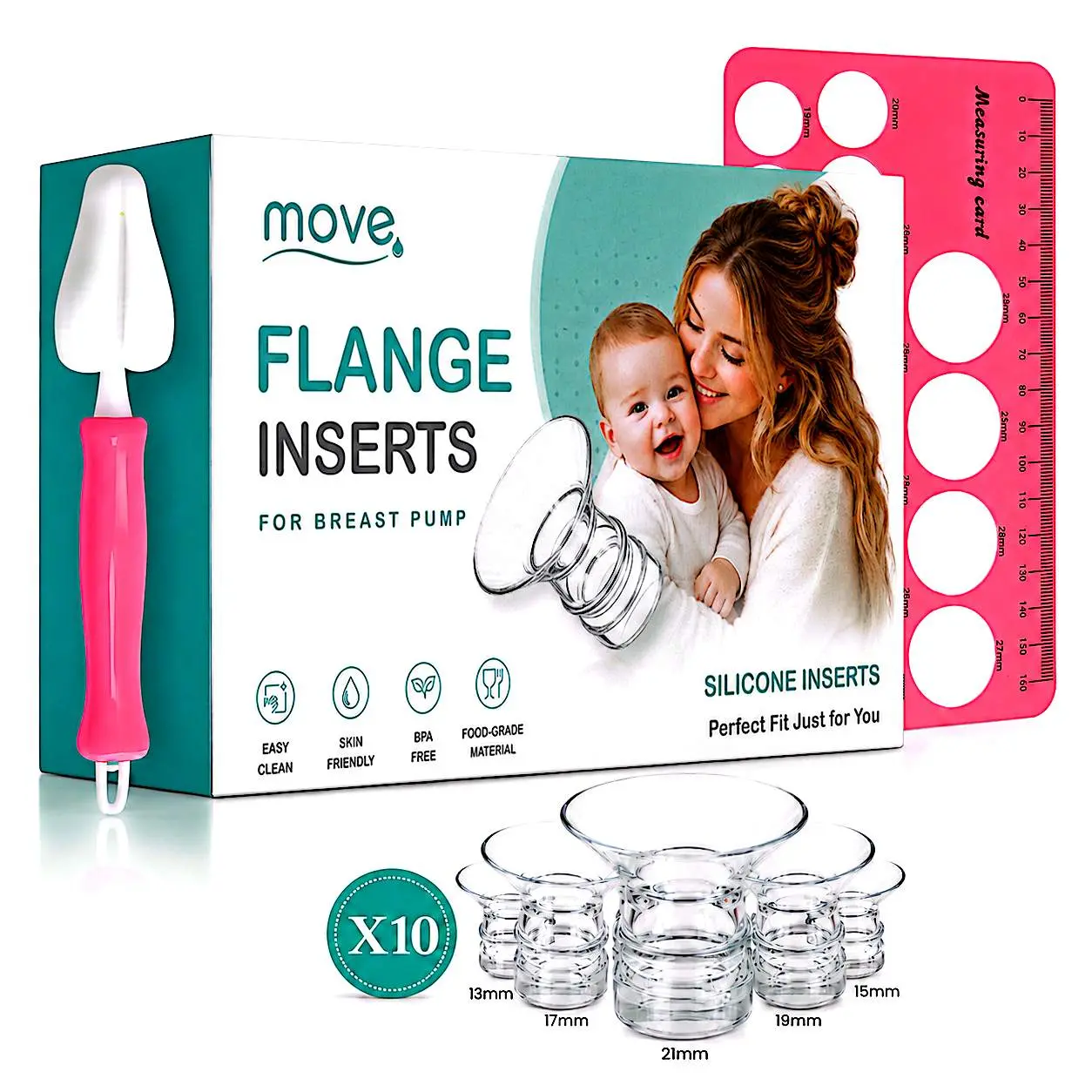 10PCS Flange Sizing Kit 13/15/17/19/21mm for 24mm Flange/Shield of Most Pumps, Silicone Flange Inserts Replacement Kit, Pumping Essential Kit for Moms