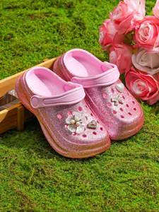 Shiny Girl Sandals, Sparkly Sandals, Comfortable Casual Teen Garden Shoes, Round Toe Design, Eva Material, Non-Slip, One-Piece Slip-On, Lotus and Heart Decorations