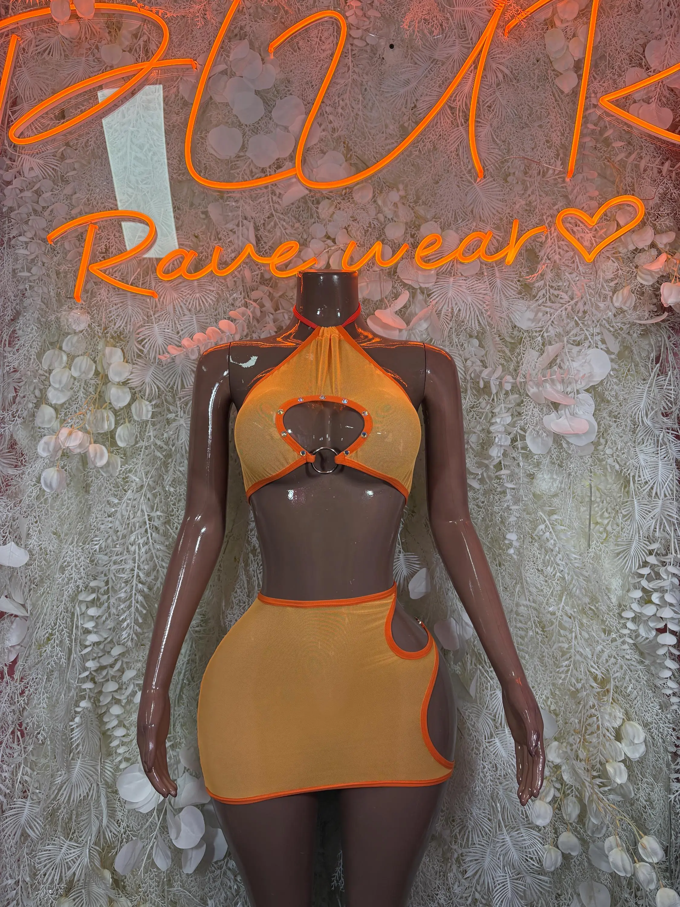 Orange Skirt Cutoff Sexy Two Piece Exotic Dancewear Rave Festival Outfit Womens Clothing