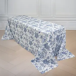 Polyester Rectangular Tablecloth 90"x156" White with Blue French Toile Pattern - Sophisticated Seamless Table Cover for Chic Weddings & Events