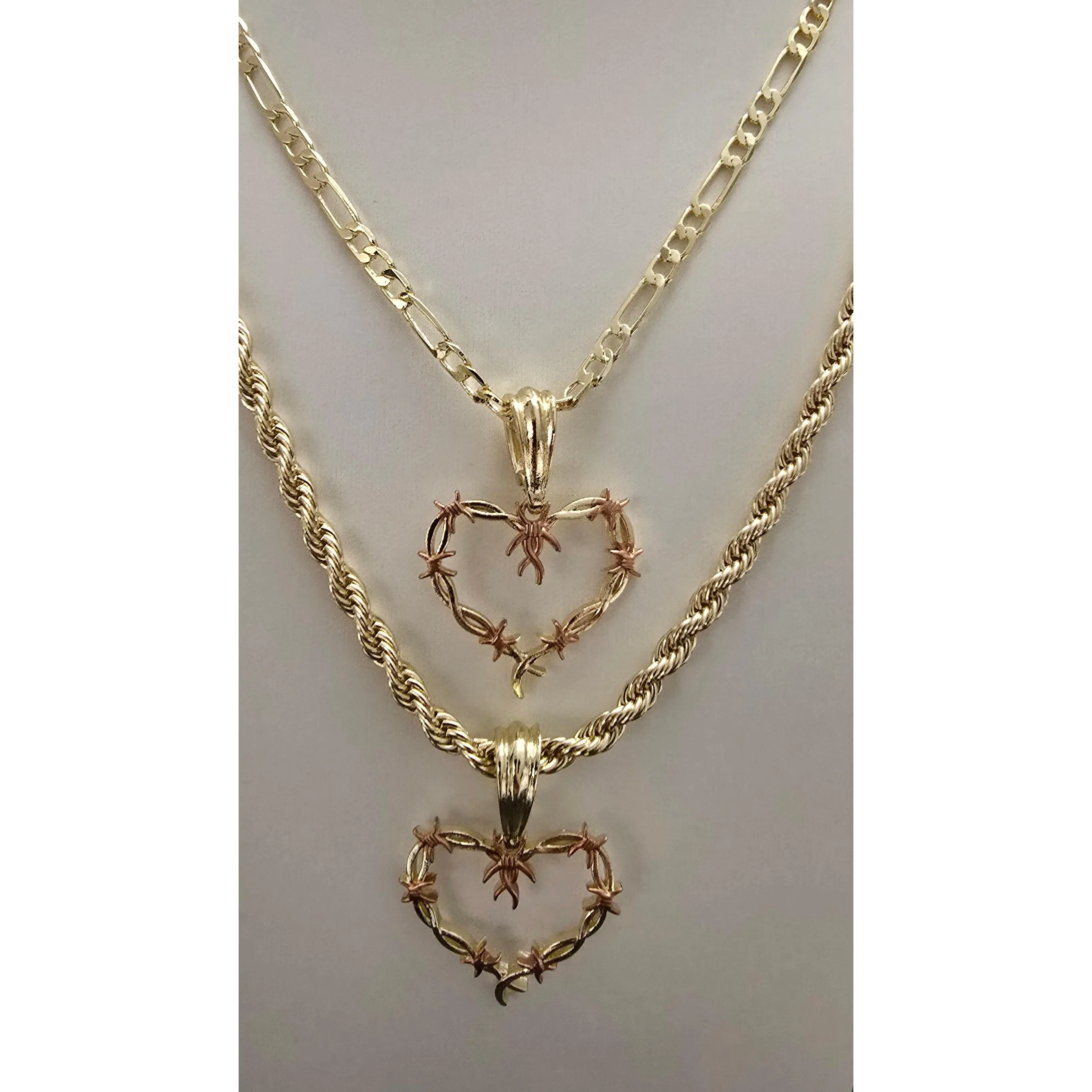Necklace Heart with Thorns on 14k Gold Plated 21 or 23 inch 4mm Figaro or Rope link chain