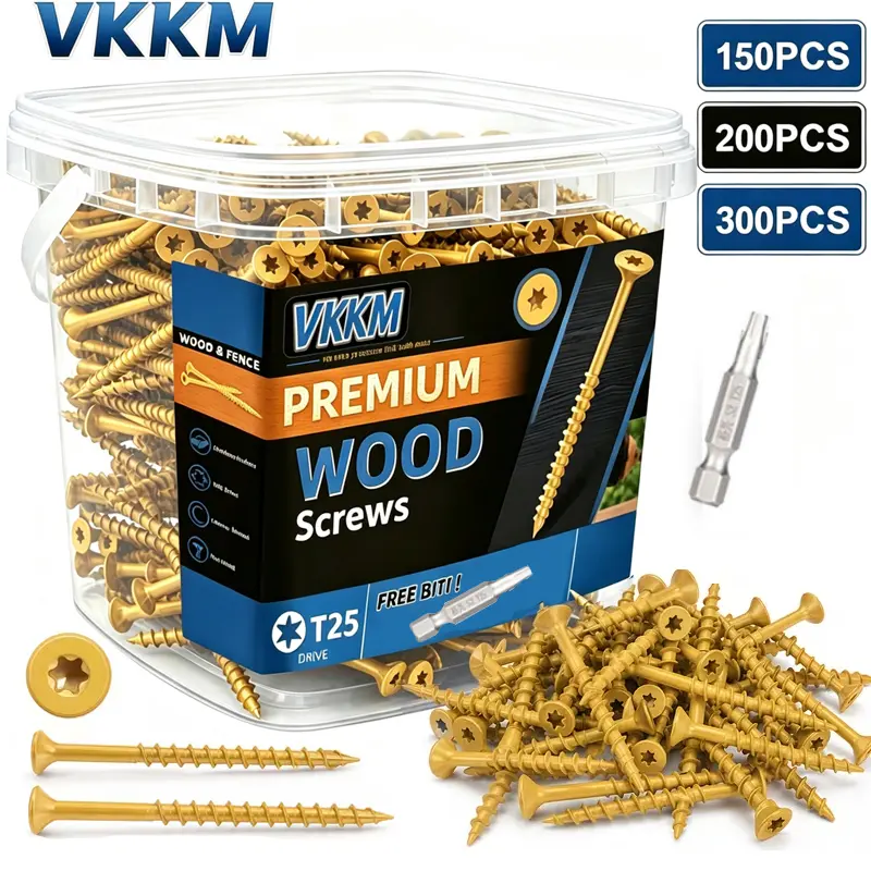 VKKM Carbon Steel Wood Screws - T25 Star Drive, Self Tapping, Flat Head Countersunk, Epoxy Coated Rust Proof Exterior Fasteners (#8/#9/#10/#14 Sizes, 150/200/300Pcs) for Fence Decking, Furniture, For Wood