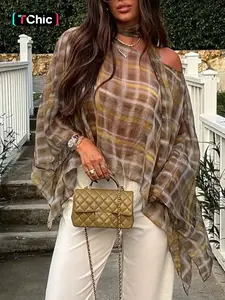 Women Plaid Poncho Top Loose Flowy Cape Blouse Oversized Chiffon Shirt Asymmetrical Lightweight Boho Vacation Beach Cover Up Casual Chic Elegant Summer Outfit Brown Yellow