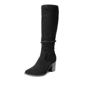DREAM PAIRS Women's Knee-High Boots, Comfortable Chunky Block Heel Pointed Toe Pull On Side Zipper Suede Slouch Riding Boots