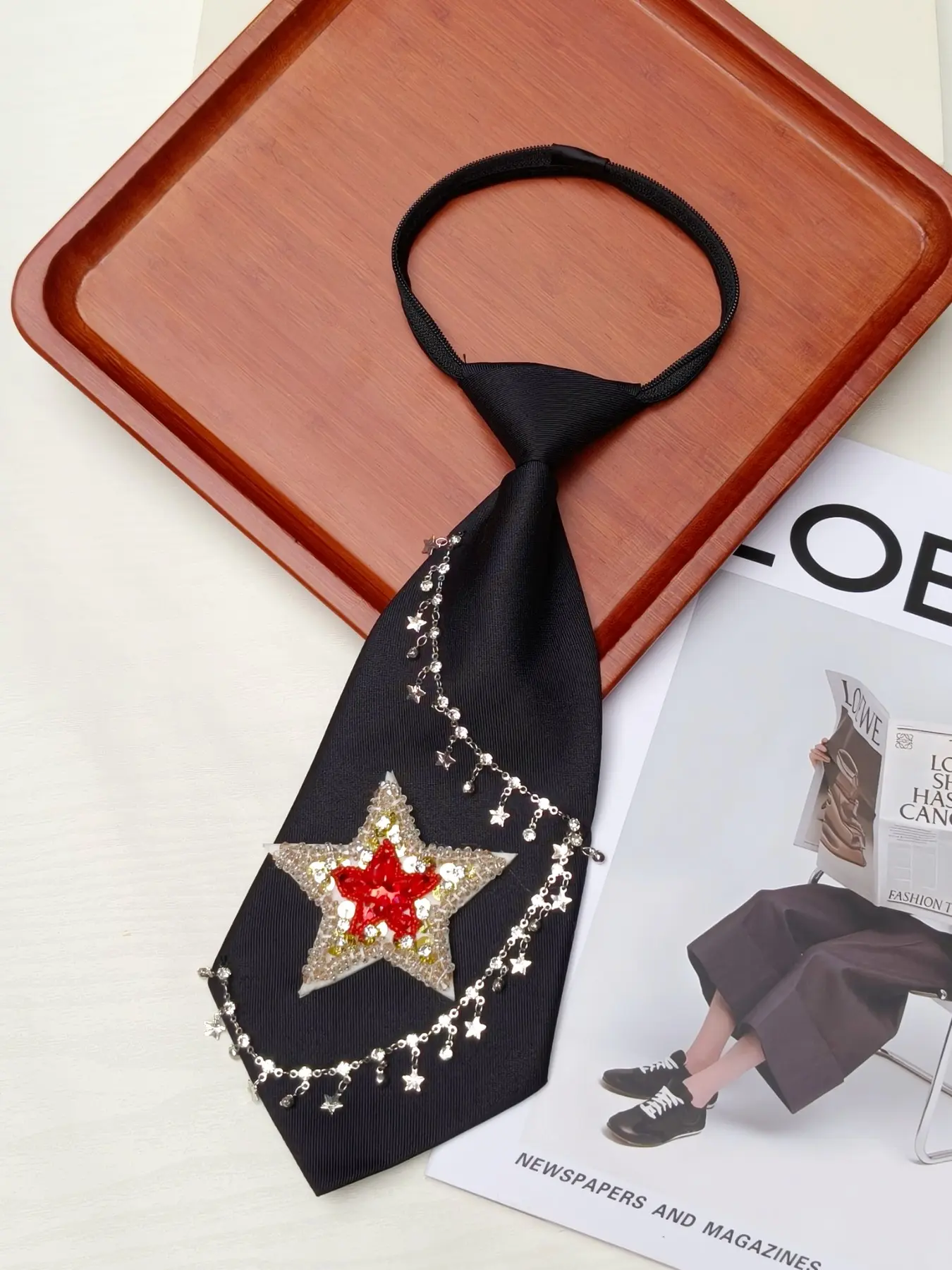 Adjustable Lazy Tie, Heavy-Duty Rhinestone Star Design, Street Style Necktie, Perfect for Comic Con, Nightclubs, Fashion