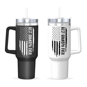 "Best Grandpa Ever" American Flag Design 40oz Insulated Cup, Insulated Mug, with Straw, Lid, and Handle, Stainless Steel Water Bottle, Reusable Drinking Cup, Portable for Office and Travel-Friendly Gift for Grandpa