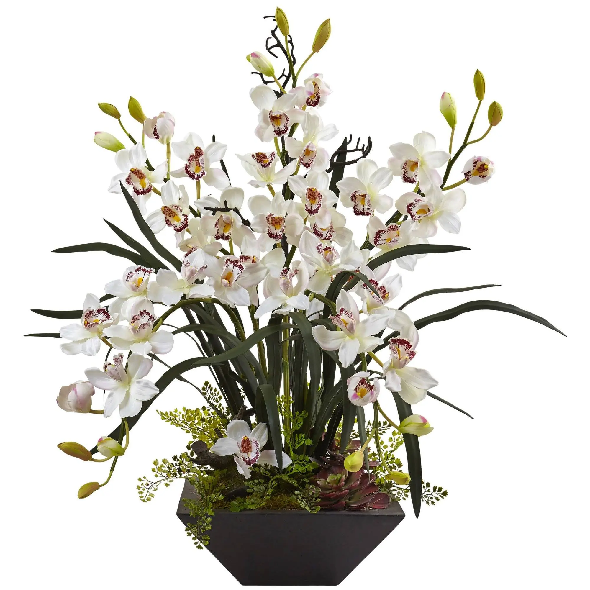 Artificial Cymbidium Orchid Flowers - Desk Size Single Plant with Black Vase, House Decor, Aesthetic Home Decor for Room Accent
