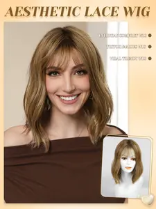 Summer Hot Sale MONO 5.5×5 Short Wavy Ombre Brown 12 Inch Heat-Resistant Synthetic Lace Front Wig, Natural Looking Wig, With Bangs + Realistic Roots, for Women, Suitable for Multiple Occasions, Beginner-Friendly, Natural Scalp Wig