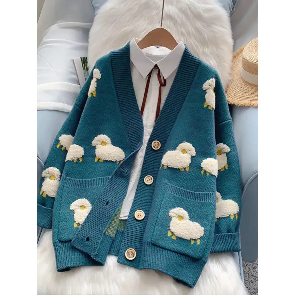 Cozy V-Neck Sheep Print Knit Cardigan from Korea