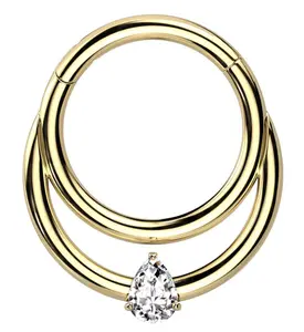 Gold PVD Double Hoop Teardrop CZ Titanium Hinged Segment Ring