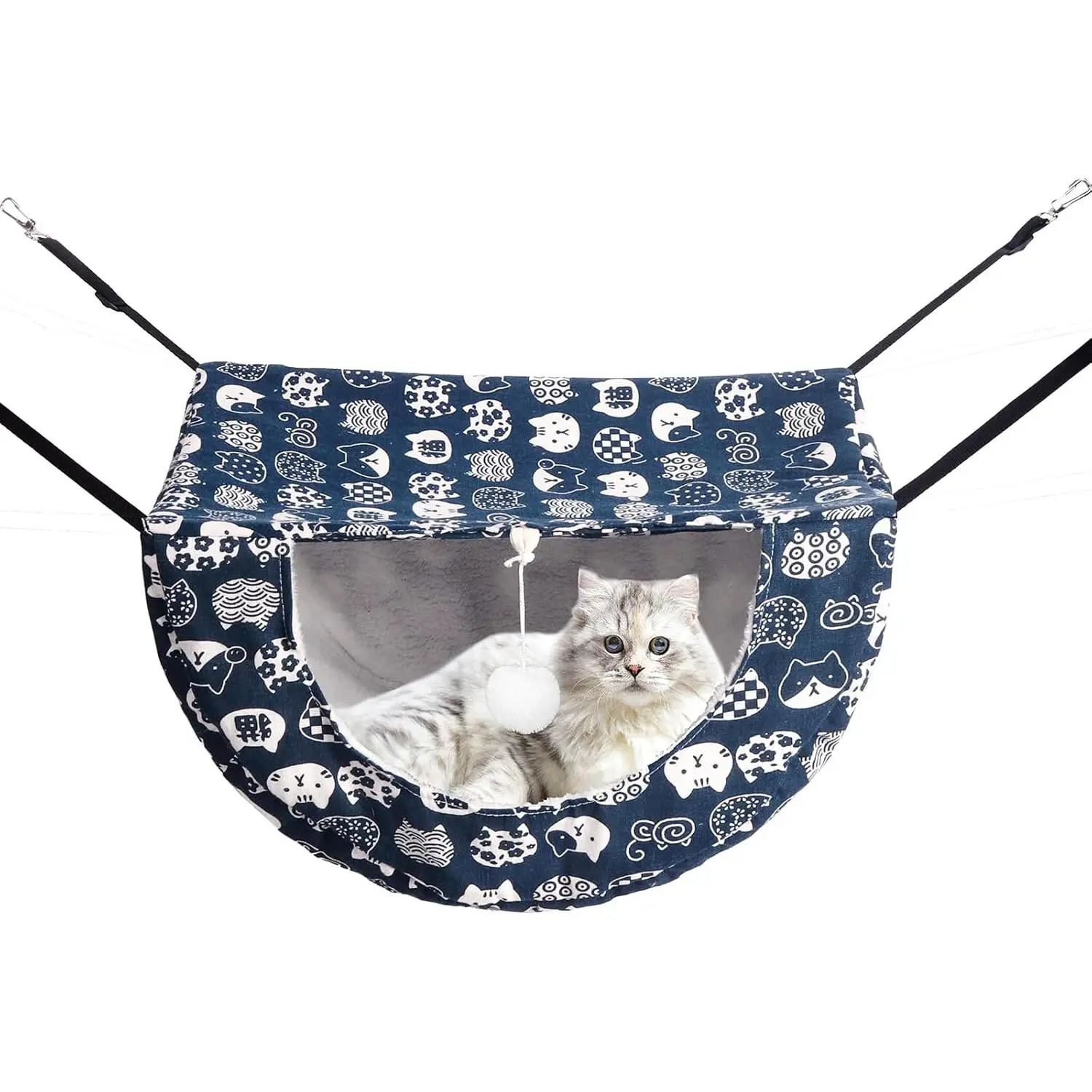 Adjustable Hanging Cat Hammock with Ball for Cages, Double-Layer Soft Sleeping Bed for Cats and Other Small Animals (1-Pack, Blue)