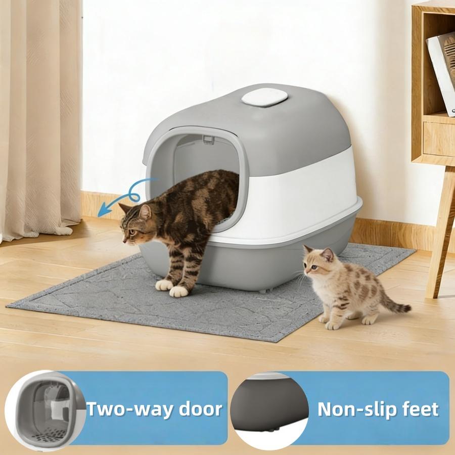 No-Mess Hooded Enclosed Cat Litter Box with Odor Control and, Standard, Multicolor, Extra Large Enclosed Cat Box with Litter Scoop - Gray/Pink
