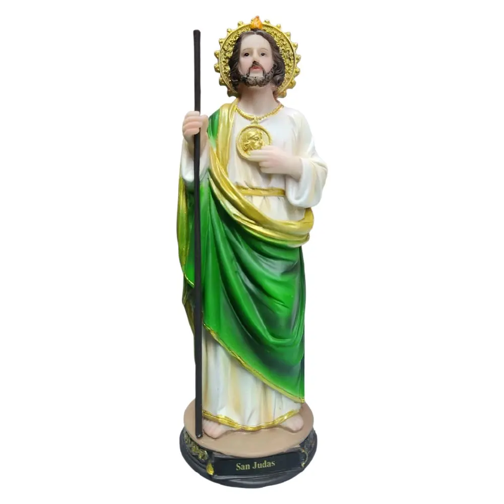 San Judas 8" Inches Tall Statue Classic Plain Green and Gold Patrono de los Casos Imposibles Religious Decor Saint Jude patron Religious art image, home decor, wall decor, church events, gifts