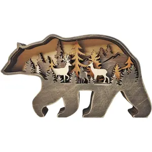 Bear Art Decor Multi-layer Brown Bear Figurine Rustic Home Shelf Desktop Decorations Creative   Cutout Silhouette Crafts